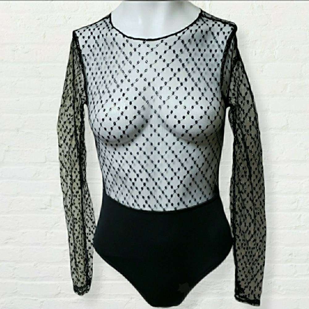 Nasty Gal NWT black mesh metallic bodysuit size 0 - Picture 1 of 13
